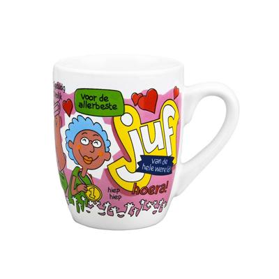 Cartoon cadeau koffiemok/beker voor de allerbeste juf - 300 ml - koffiebekers/feestartikelen