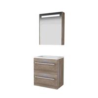 Basic-Line Premium 39 Badkamermeubelset - Ondiep - 60 x 39 cm - Met Grepen - 2 Lades - Acryl Wastafel - 1 Kraangat - Spiegelkast met LED Verlichting - Scotch Oak