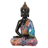 Boeddha beeld Colorfull - binnen/buiten - kunststeen - zwart/kleurenmix - 25 x 39 cm - thumbnail