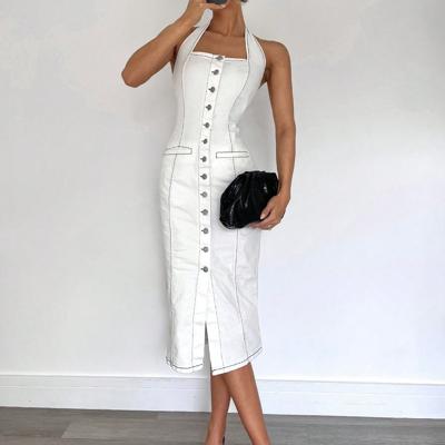 Bon&Bon White Denim Midi Dress - Slim Fit Halter Neck Bodycon Style XS