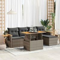 6-delige Loungeset met kussens poly rattan acacia grijs