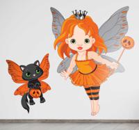 Sticker kinderkamer meisje en kat Halloween
