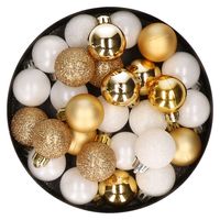 28x stuks kunststof kerstballen goud en wit mix 3 cm - thumbnail