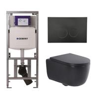 QeramiQ Dely Swirl Toiletset - 36.3x51.7cm - Geberit UP320 Burda inbouwreservoir - 35mm zitting - mat zwarte bedieningsplaat - ronde knoppen - mat zwart 0701131/SW706188/SW1000769/SW1026258