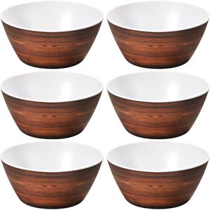 6x Melamine serveerschaaltjes bruine houtprint/wit 15 cm