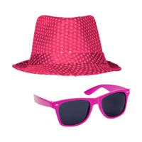 Carnaval verkleed set compleet - hoedje en zonnebril - roze - heren/dames - glimmend