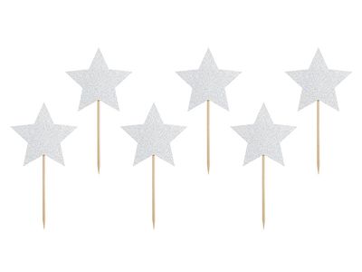 Cupcake toppers Zilveren Sterren Glitter (6st)
