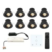 Set van 8 Medina LED Mini Inbouwspots met Trafo en Muurdimmer - 12 Volt 3 Watt 150 lumen - Dimbaar - Plat 35mm - 2700K - IP44 waterdicht - Zwart