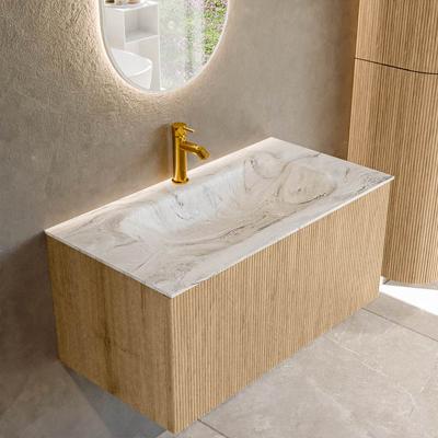 Badmeubel Mondiaz Kurve-Dlux | 90 cm | Meubelkleur Oak | Wastafelkleur Glace | Solid surface | Midden spoelbak | 1 kraangat