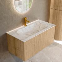 Badmeubel Mondiaz Kurve-Dlux | 90 cm | Meubelkleur Oak | Wastafelkleur Glace | Solid surface | Midden spoelbak | 1 kraangat Badmeubel Mondiaz Kurve-Dlux | 90 cm | Meubelkleur Oak | Wastafelkleur Glace | Solid surface | Midden spoelbak | 1 kraangat