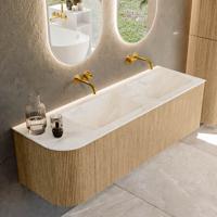 Mondiaz KURVE-DLUX 145 cm Onderkast Greeploos 1 Lade Met Deuren Oak, Wastafel Solid Surface Rechts Ostra 0 Kraangaten Zonder Spiegel (KRVLEA145L1L1D0KD-Oak/Ost)