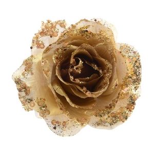 3x Gouden glitter roos met clip 14 cm