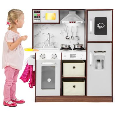 Kinderkeuken Speelgoedkeuken Aantrekkelijke Lichtjes en Geluidjes Afzuigkap Magnetron Ijsmaker Krijtbord Gootsteen Handdoekenrek