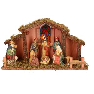 Kerststal met verlichting en 8 figuren 39 x 14 x 23 cm