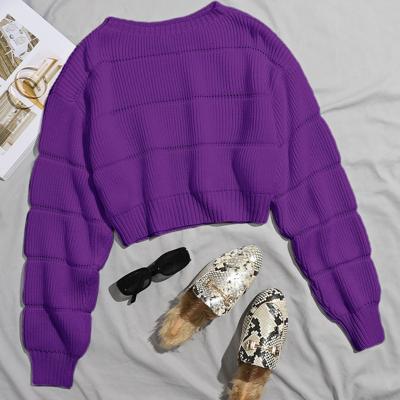 Bon&Bon Hot Pink Ribbed Knit Crop Sweater - Casual Drop Shoulder Pullover Violet Purple / XS
