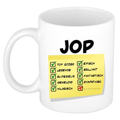 Naam mok Jop - wit - top gozer - keramiek - 300 ml - cadeau collega beker