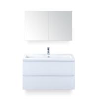 Vogue Badmeubelset 100 cm - Greeplijst in kleur - Wit Hoogglans - Keramische Wastafel Wit 1 kraangat - met Spiegelkast