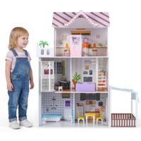 Houten Poppenhuis voor Kinderen 3 Verdiepingen Tellend DIY Modern Familiepoppenhuis voor Rollenspel met 16 Onderdelen