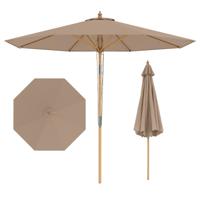 Ronde Parasol van 280 cm Bamboe Marktparasol met Kantelmechanisme met Drukknop Geventileerde Bovenkant 8 Stevige Baleinen in Hoogte Verstelbare Buitenzonwering-Bruin