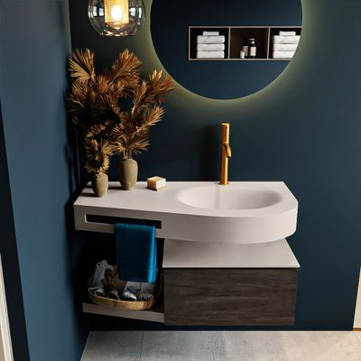 MONDIAZ RIVA 100cm badmeubel onderkast / planchet kleur Dark_Brown met 1 lade. Wastafel DULCET rechts 1 kraangat kleur Linen.