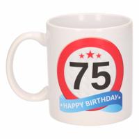 75 jaar Verjaardag koffiemok - cadeau beker - stopbord print - 300 ml - keramiek - wit