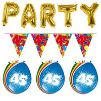 Verjaardag feestversiering 45 jaar PARTY letters en 16x ballonnen met 2x plastic vlaggetjes - thumbnail