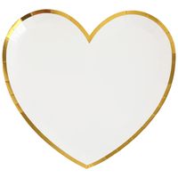 Santex wegwerpbordjes hartje - Bruiloft - 10x stuks - 23 cm - wit/goud   -