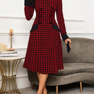 Bon&Bon Houndstooth Double-Breasted Lapel Neck A-Line Office Midi Dress Red / S