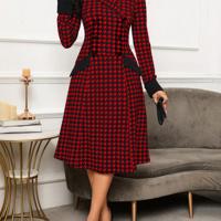 Bon&Bon Houndstooth Double-Breasted Lapel Neck A-Line Office Midi Dress Red / S