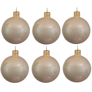 Kerstballen set - 6x stuks - parel/champagne - glas - 6 cm - glans - met gouden ophanglintje