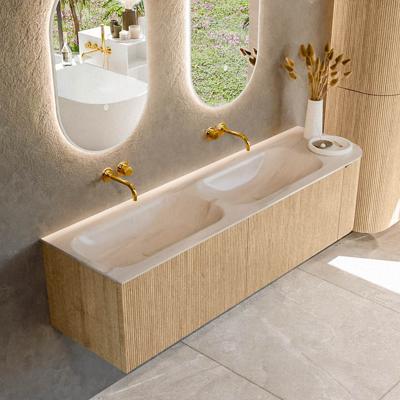 Badmeubel Mondiaz Kurve-Dlux | 165 cm | Meubelkleur Oak | Wastafelkleur Meli | Solid surface | Dubbel / Links spoelbak | Zonder kraangat(en)