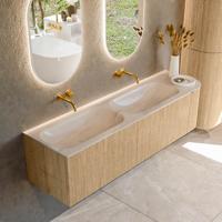 Badmeubel Mondiaz Kurve-Dlux | 165 cm | Meubelkleur Oak | Wastafelkleur Meli | Solid surface | Dubbel / Links spoelbak | Zonder kraangat(en)