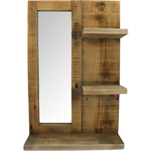 Wandplank met spiegel - hout - 3 plankjes - bruin- 38 x 12 x 58 cm