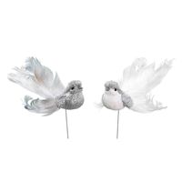 4x Vogels op stekers zilver/wit 16 cm met glitters decoratie materiaal   -