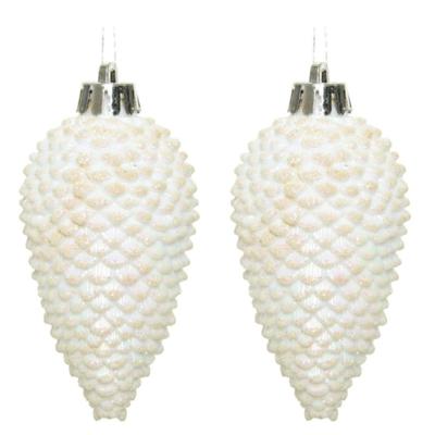 Kersthangers dennenappels - 12x st - wit parelmoer - glitter - 8 cm - kunststof - kerstversiering Kersthangers dennenappels - 12x st - wit parelmoer - glitter - 8 cm - kunststof - kerstversiering