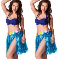 Hawaii verkleed rokje - 4x - voor volwassenen - blauw - 45 cm - rieten hoela rokje - tropisch