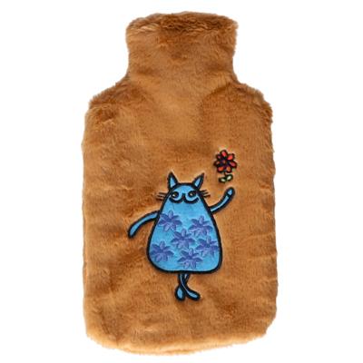 Cosy & Trendy Kruik - lichtbruin - blauwe kat print - 2 liter - pluche hoes - warmwaterkruik