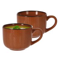 Soepkom Fishbone - 2x - terra - 12 x 9 cm - keramiek - kommetjes met oor - 560 ml