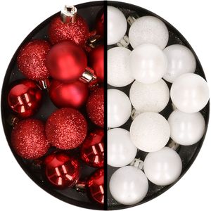 34x stuks kunststof kerstballen rood en wit 3 cm