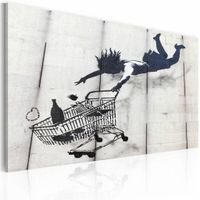 Schilderij - Banksy - Winkelwagentje, Zwart-Wit 40x60cm , wanddecoratie , premium print op canvas - thumbnail