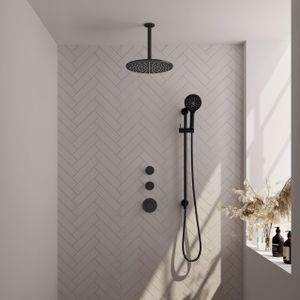 Brauer Black Edition Regendoucheset inbouw - hoofddouche 30cm - plafondarm 20cm - 3 gladde knoppen - handdouche rond 3 standen - mat zwart 5-S-039
