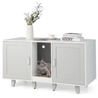 Kattenbakkast Verborgen Kattentoilet 2 Deuren Gebogen Ingang Krabplank Verwijderbare Houten Poten TV-Kast voor Kattenbakvulling Grijs