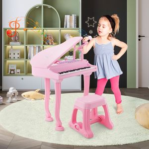 Kindertoetsenbord met 37 Toetsen en Kruk Elektronisch Pianotoetsenbord met Microfoon LED-Leer-Modus Opname- en Afspeelfunctie (Roze)