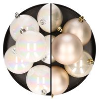 12x stuks kunststof kerstballen 8 cm mix van parelmoer wit en champagne   -
