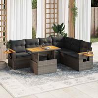 7-delige Loungeset met kussens poly rattan acacia grijs
