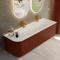 Badmeubel Mondiaz Kurve-Dlux | 145 cm cm | Meubelkleur Ruby | Wastafelkleur Opalo | Solid surface | Wasbak rechter zijde spoelbak | 2 kraangaten