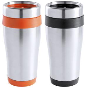 Warmhoudbekers/thermos isoleer koffiebekers/mokken - 2x stuks - RVS - zwart en oranje - 450 ml