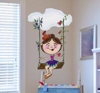 Meisje op schommel met bloemen sticker