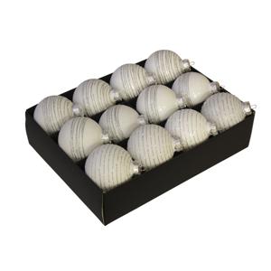 Luxe kerstballen - gedecoreerd - 12x st - wit - D7,5 cm - glas - kerstversiering