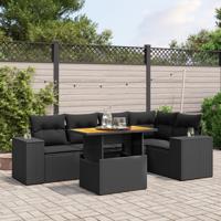 6-delige Loungeset met kussens poly rattan zwart